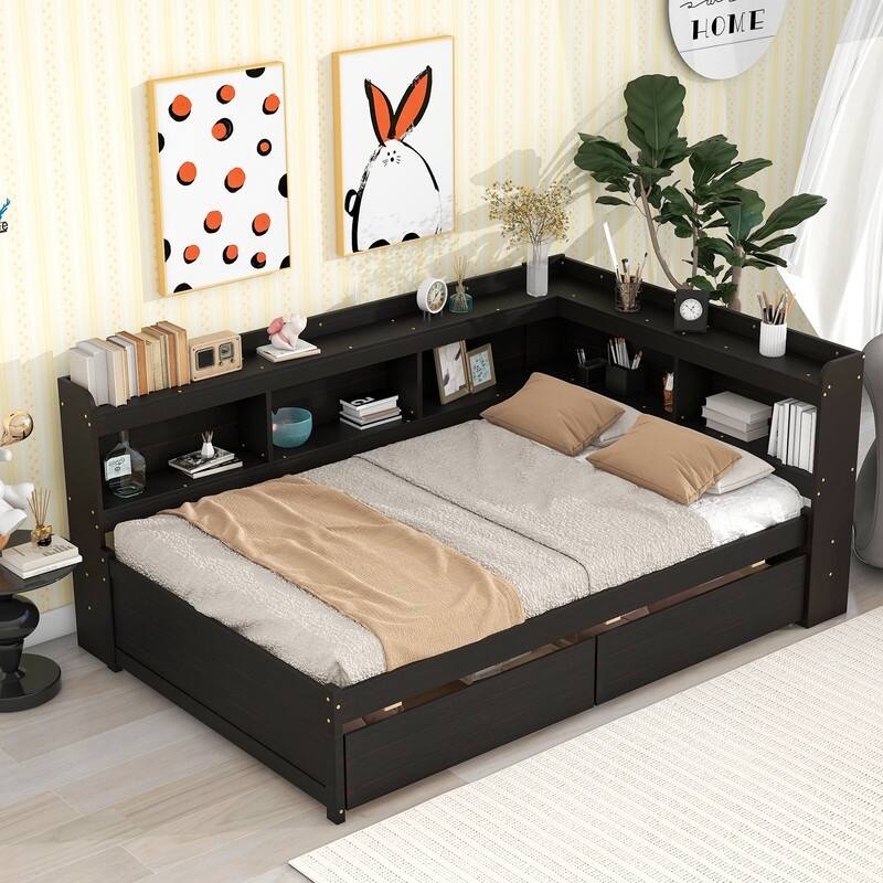 Twin Full Bed With Storage Drawers And L Shaped Bookcases  Wood Platform Bed With Headboard  Daybed Sofa Bed Frame ?v=1695110446